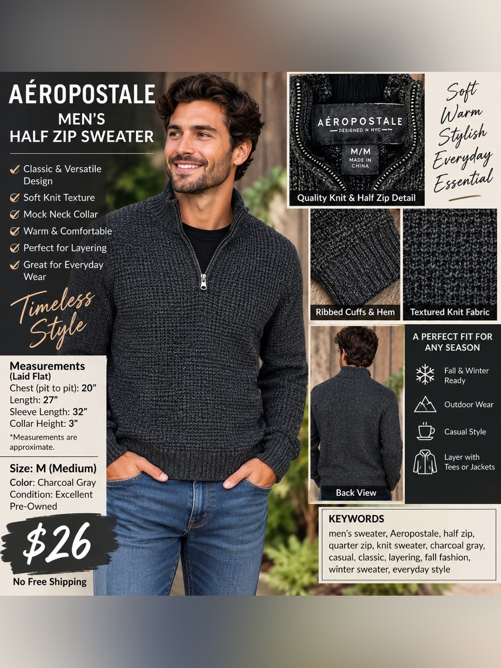 Aeropostale Men's Dark Charcoal Zip-Neck Knit Sweater